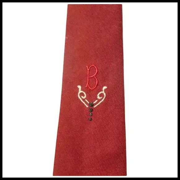 Vintage Monogram Necktie Initial B - RED Tie, 50s Skinny Thin Narrow Slim - Picture 3 of 10